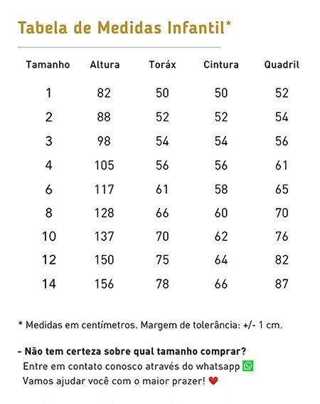 Tabela de medidas Tabela de medidas