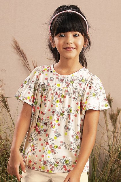 bata moda infantil feminina menina estampada floral manga curta 9962