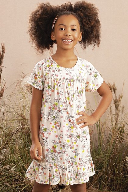 vestido moda infantil feminino menina manga curta babado estampado floral 9926