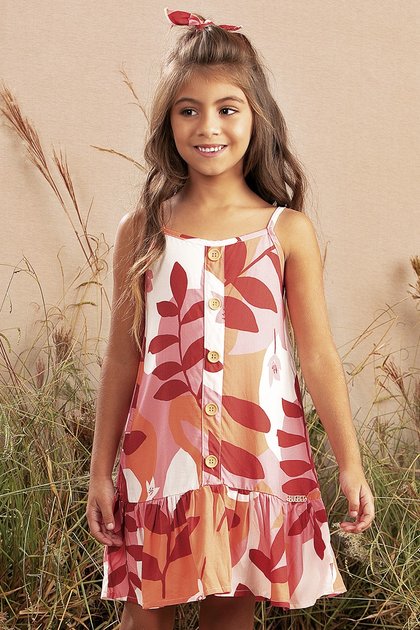 vestido moda infantil feminino menina floral estampado botoes 9925