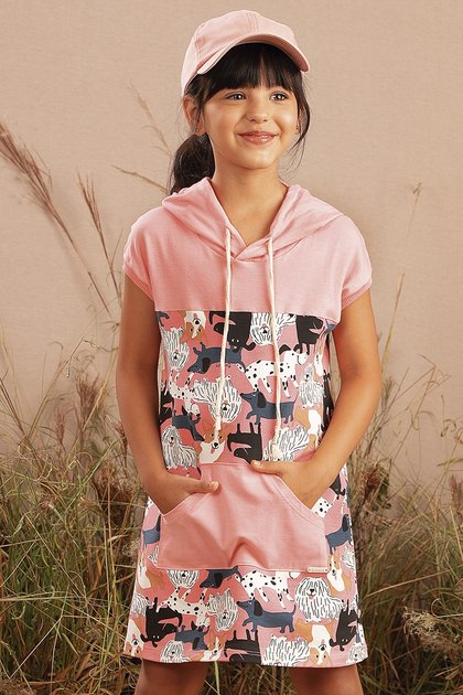 vestido moda infantil feminino menina estampado manga curta capuz 9914