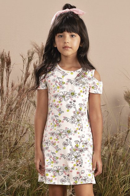 vestido moda infantil feminino menina manga curta estampado branco 9911