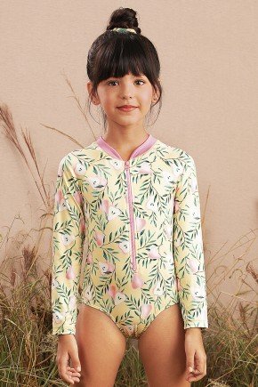 maio moda infantil feminino menina floral estampado manga longa amarelo 9885