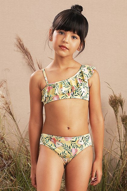 biquini moda infantil feminino menina estampado floral babado amarelo 9803