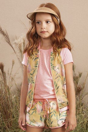 conjunto moda infantil feminino menina floral estampado colete 9867cj