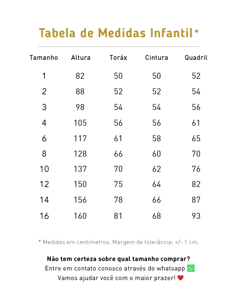 Tabela de medidas Tabela de medidas
