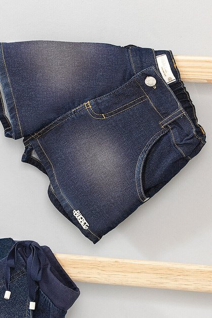 short moda infantil feminino menina jeans moletom bolsos confortavel algodao azul bugbee 8107 detalhe