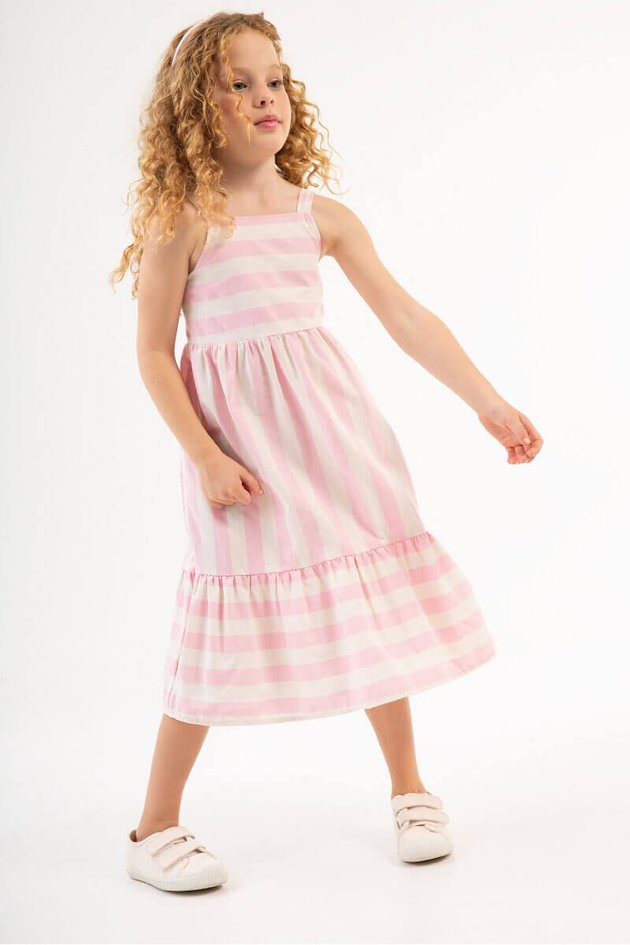 vestido moda infantil menina feminino bugbee listrado rosa 11067