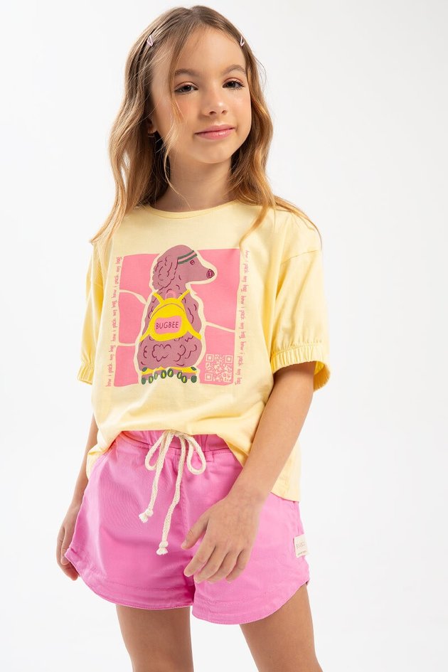 short moda infantil menina feminino bugbee rosa elastano sarja 10968 lado