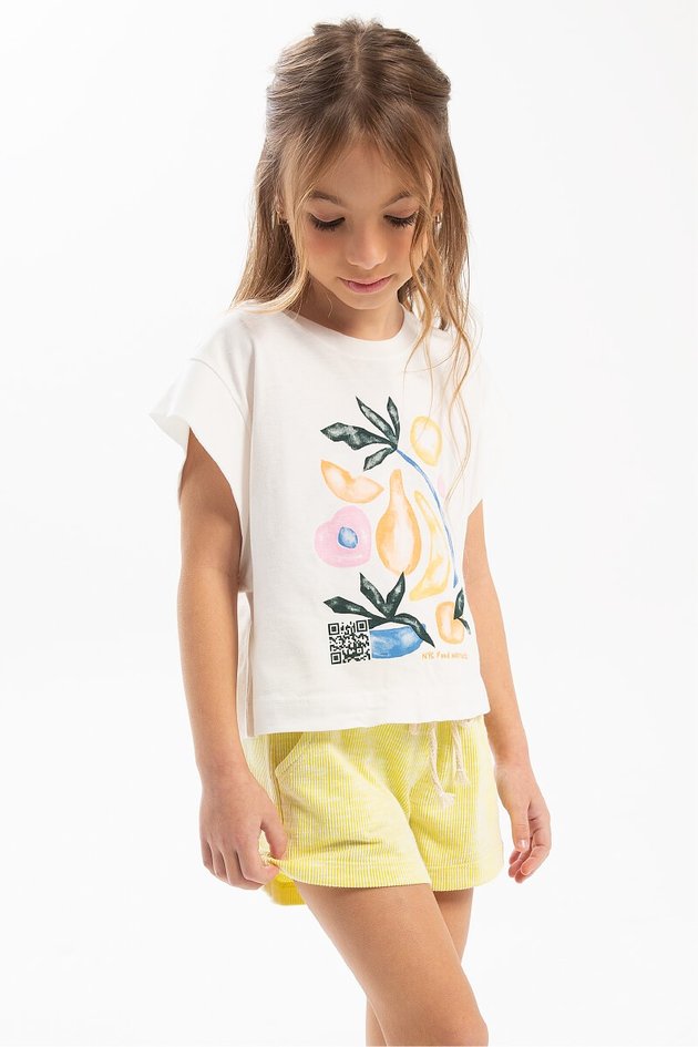 short moda infantil menina feminino bugbee amarelo bolso 10972 lado