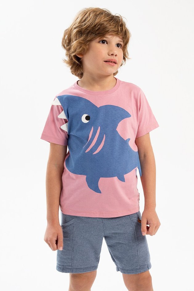 conjunto camiseta bermuda bugbee moda infantil menino masculino rosa estampa tubarao animais interativa 10976cj