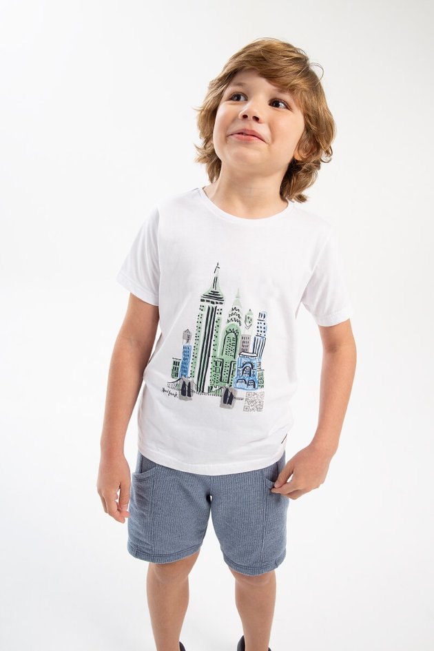 conjunto camiseta bermuda moda infantil menino masculino bugbee estampa branca azul bolso 10997cj