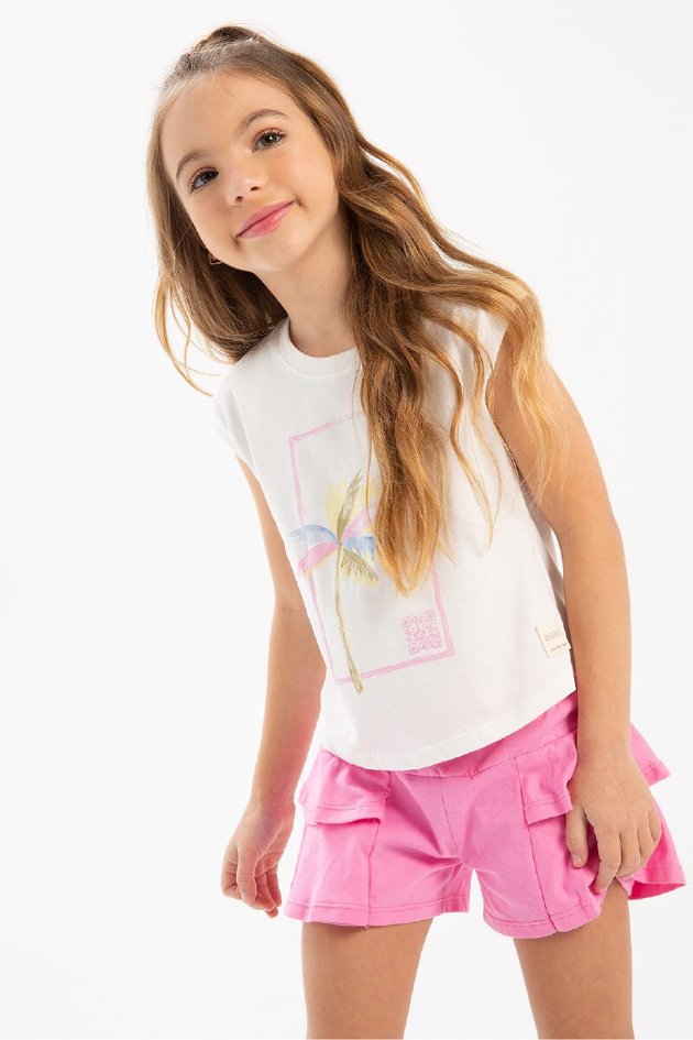 conjunto blusa short moda infantil menina feminino bugbee rosa branca estampa bolso interativa 10965cj