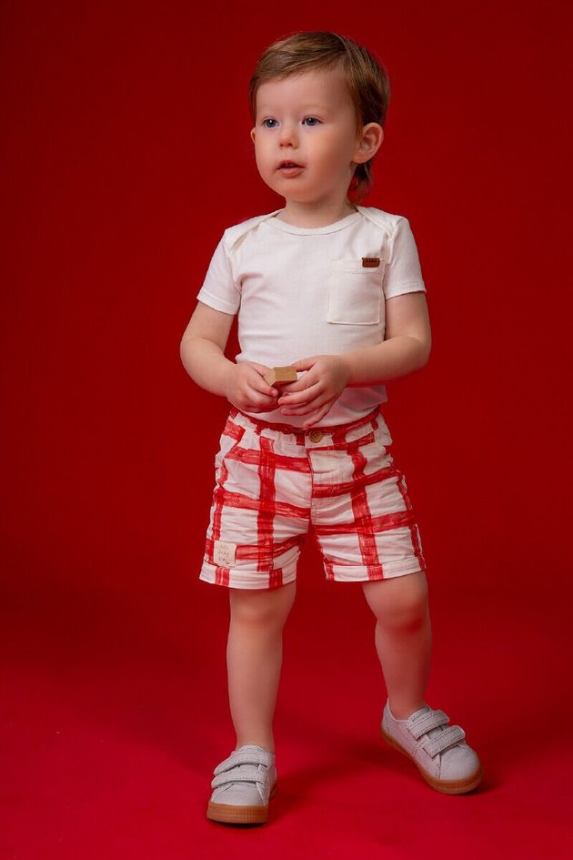conjunto body bermuda moda bebe masculino menino bugbee xadrez branco vermelho bolso 10908cj