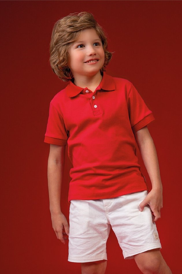 conjunto moda infantil masculino menino camisa polo bermuda vermelho branco bugbee 11056cj