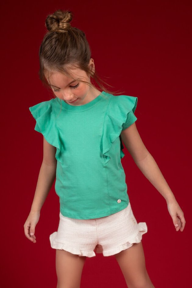 conjunto moda infantil menina feminino blusa babado short bugbee verde 10922cja