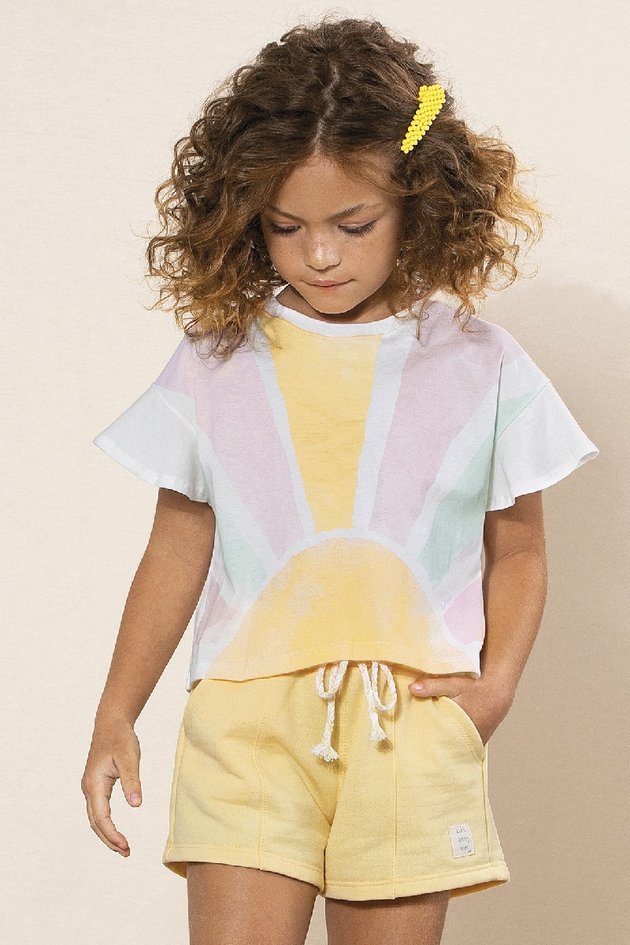 conjunto blusa shorts moda infantil feminino menina moletom oversized estampada bolsos algodao bugbee 10502cj 01