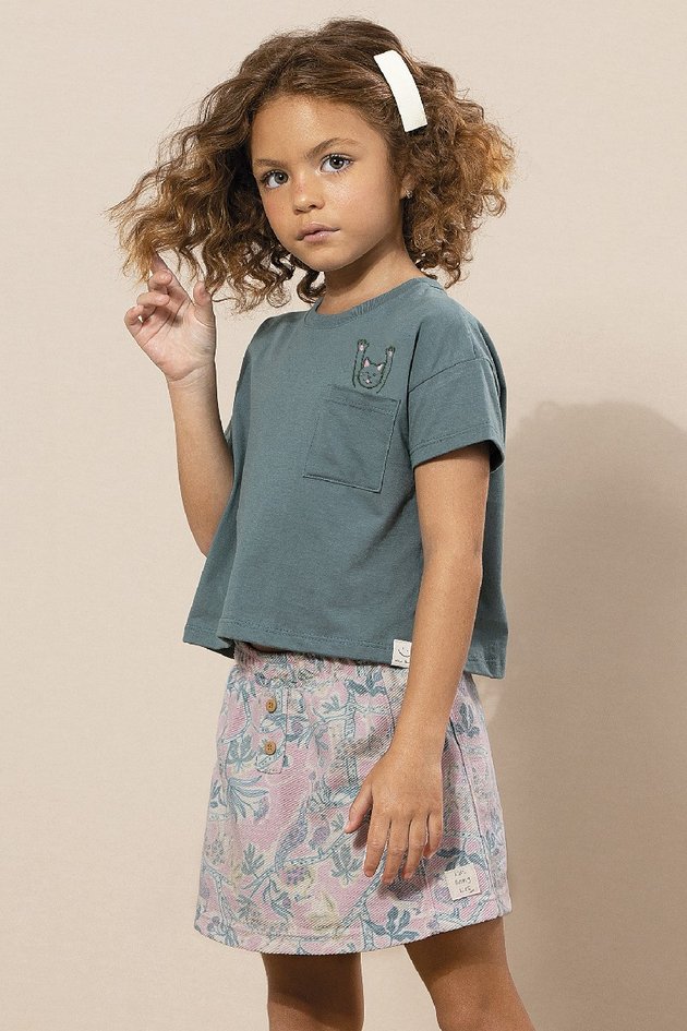conjunto blusa saia short moda infantil menina feminino estampada oversized cropped algodao moletom verde bugbee 10439cj 01