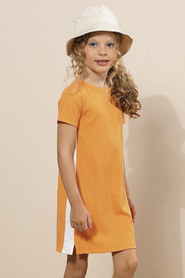 vestido moda infantil feminino menina manga curta confortavel canelado laranja bugbee 10535 01