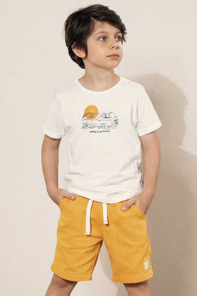 conjunto camiseta bermuda moda infantil masculino menino estampada bolsos sarja moletom off white branco bugbee 10714cj 01