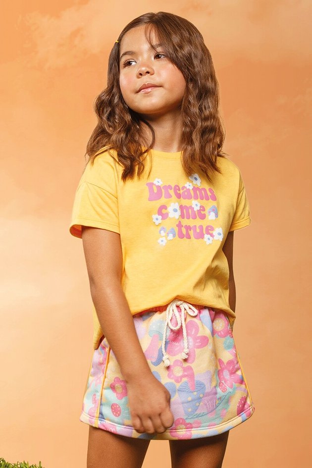 11724cj conjunto blusa saia short floral estampa amarela rosa bugbee moda infantil verao frente