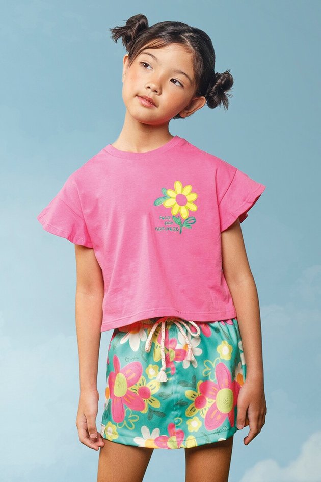11739cj conjunto blusa saia moda infantil menina verao bugbee estampa floral babado manga curta rosa verde frente