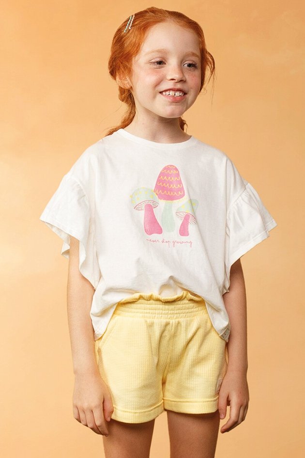 11748cj conjunto blusa short bugbee moda infantil menina verao branca off white amarela estampa manga curta babado frente