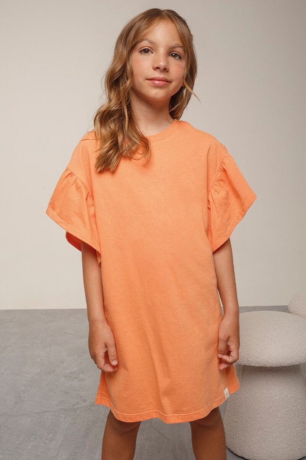 11802 vestido menina moda infantil bugbee verao manga curta babado laranja