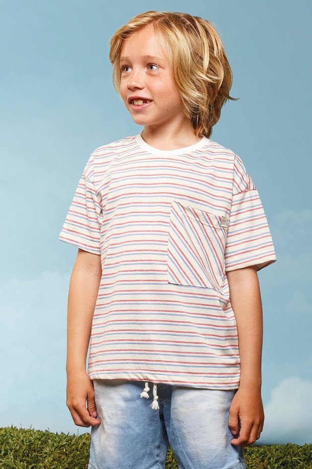 11860 camiseta moda infantil menino bugbee verao listrada bolso listras frente