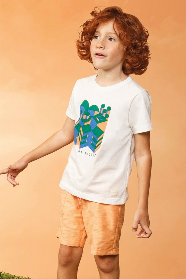 11884cj conjunto camiseta bermuda moda infantil menino bugbee verao laranja off white branco estampa frente