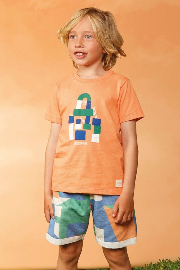 11906cj conjunto camiseta bermuda infantil menino bugbee verao moda estampa moletom laranja frente
