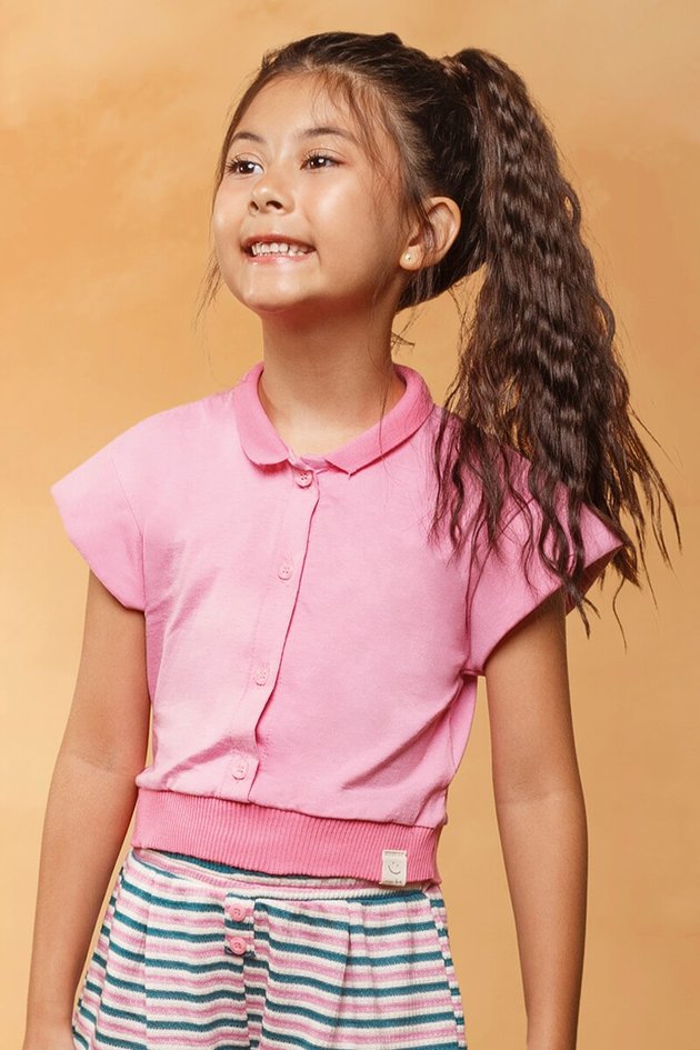 11708 blusa moda infantil menina bugbee verao rosa gola polo botoes camisa polo frente