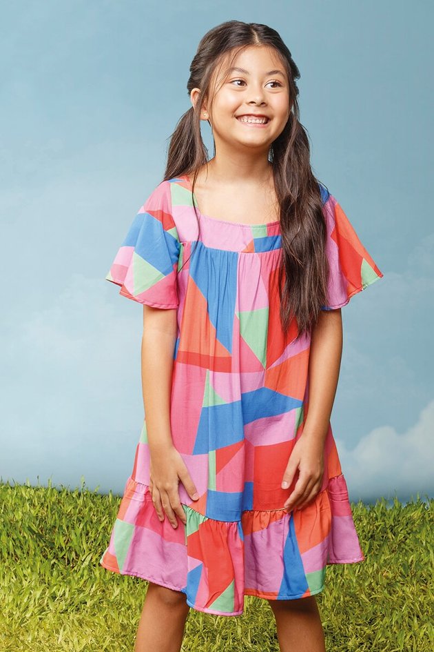 11816 vestido moda infantil menina bugbee verao estampa manga curta geometrica frente