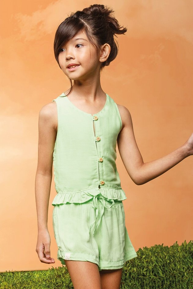 11750cj conjunto blusa short moda infantil menina bugbee verao botoes cintura alta verde babados frente