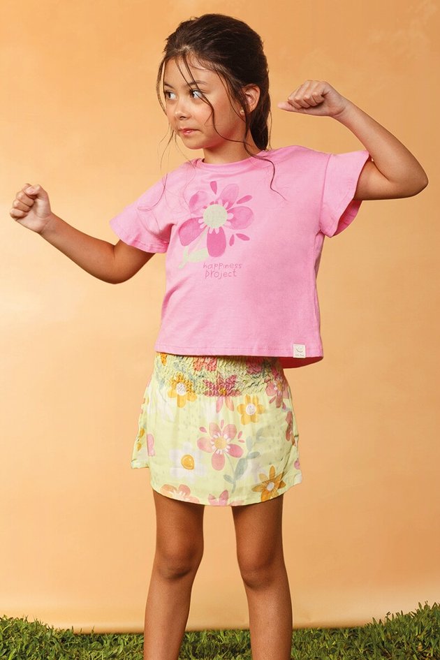 11738cj conjunto blusa saia moda infantil menina bugbee verao estampa floral rosa verde babados frente