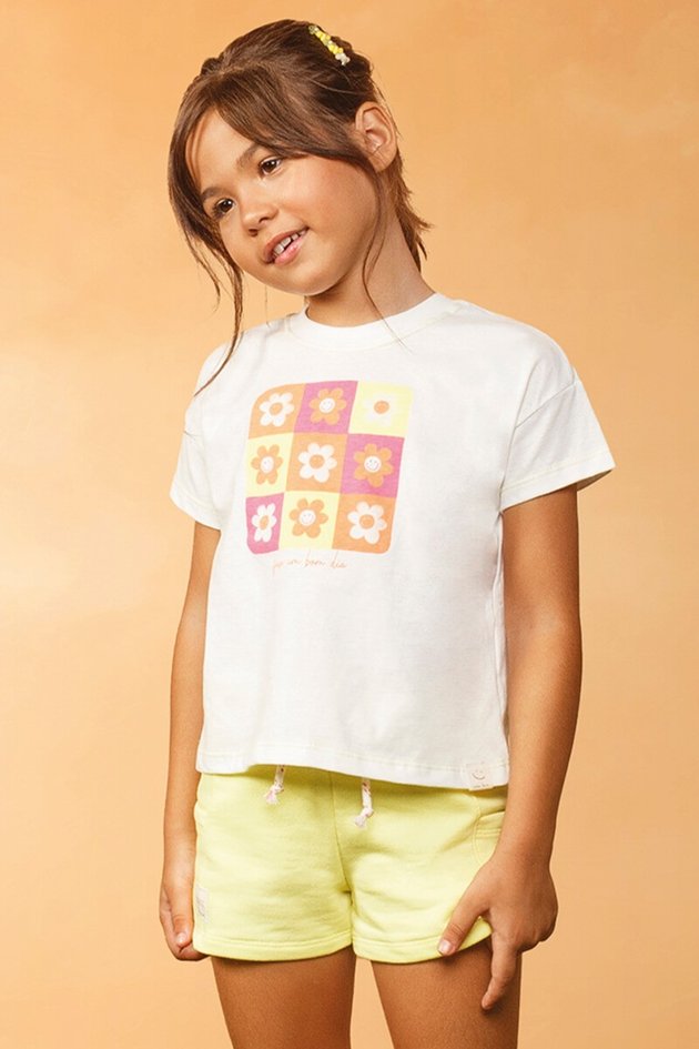 11752cj conjunto blusa short moda infantil menina bugbee verao estampa off white branca amarela flores frente