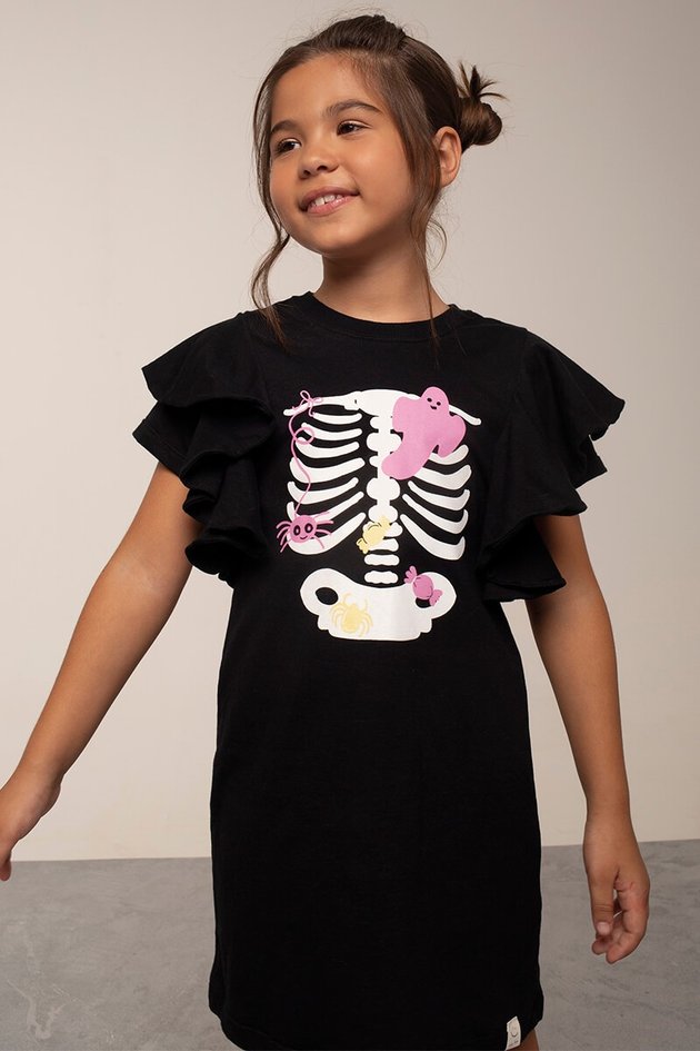 11814 vestido moda infantil menina bugbee verao preto babados manga curta estampa halloween brilha no escuro frente
