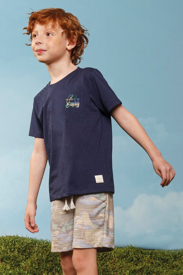11909cj conjunto camiseta bermuda moda infantil menino bugbee verao marinho bordado frente