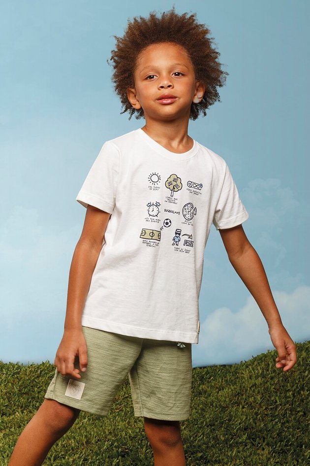 11922cj conjunto camiseta bermuda infantil moda menino bugbee verao estampa off white branca verde frente