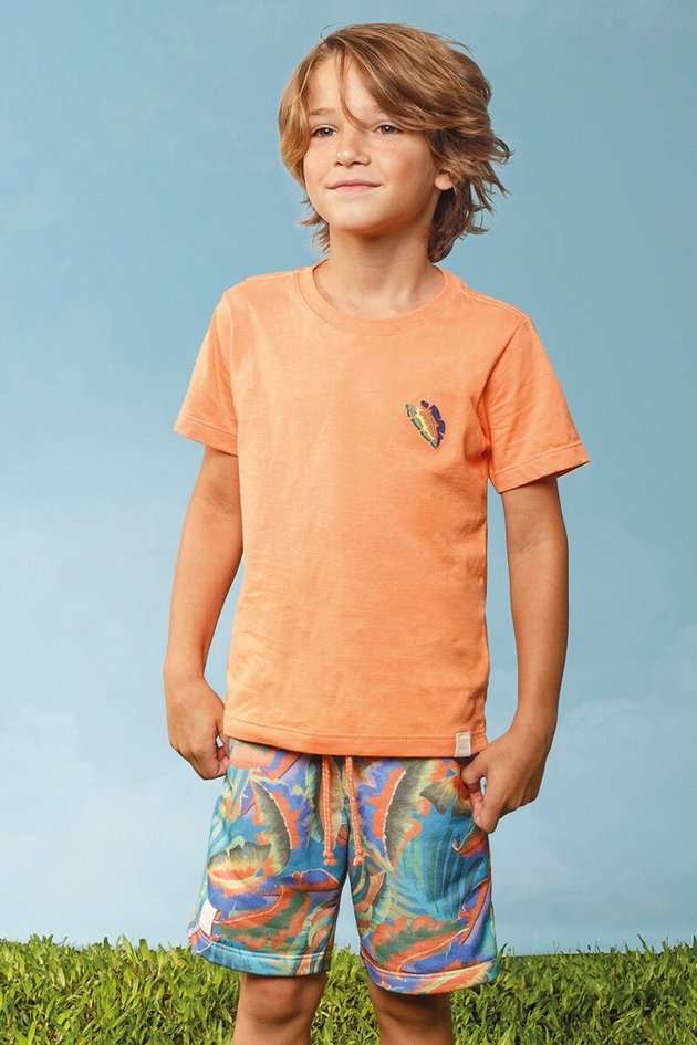 11908cj conjunto camiseta bermuda moda infantil menino bugbee verao laranja estampa floral folhagem colorida frente