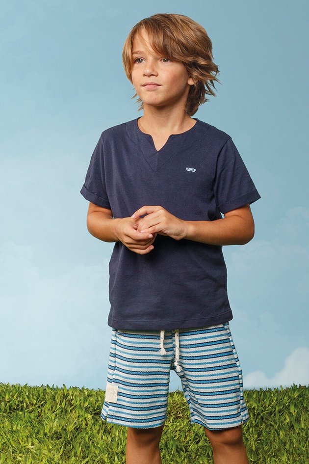 11907cj conjunto camiseta bermuda moda infantil menino bugbee verao marinho listras listrada frente