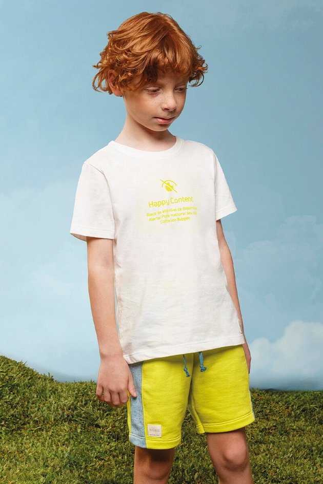 11878cj conjunto camiseta bermuda moda infantil menino bugbee verao estampa off white branca amarela frente