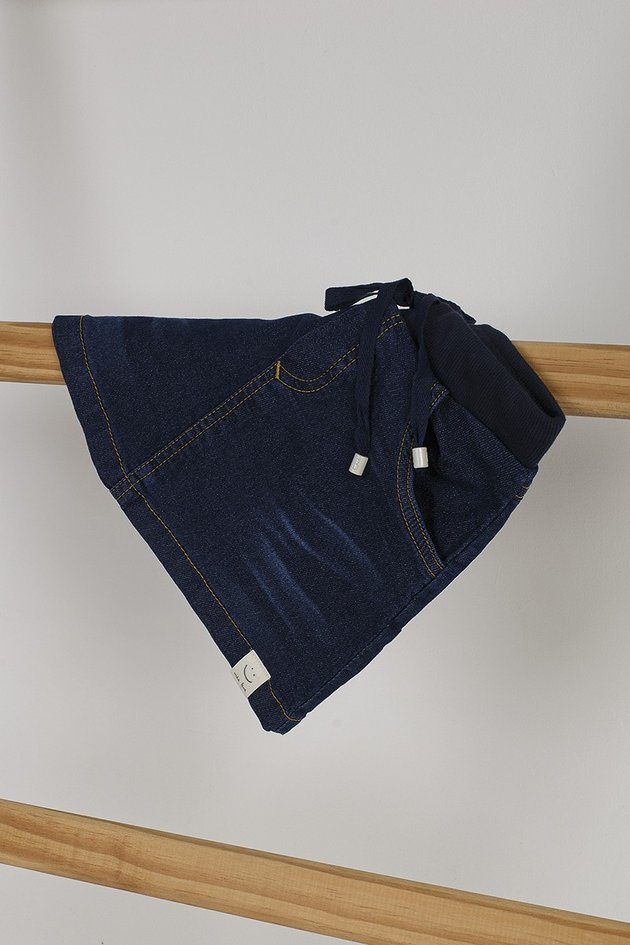 9891 saia jeans moletom bugbee verao menina moda infantil azul marinho bolso cadarco frente