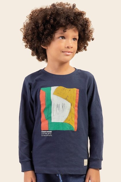 13130 camiseta moda infantil menino manga longa estampa marinho frente